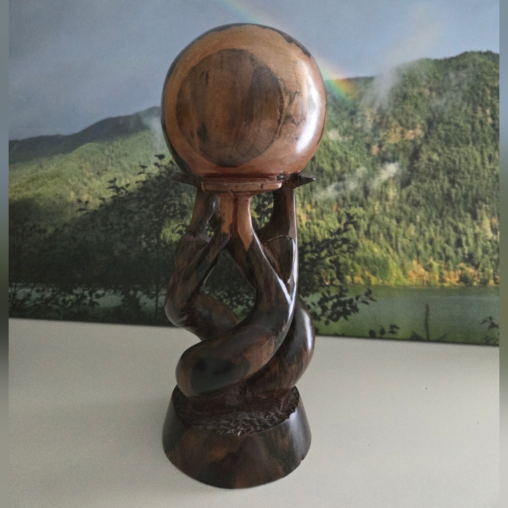 African Unity Wooden Sculpture with Globe